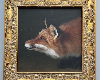GOLD WOOD FRAME-Fox,  Oil on Canvas, Fine Print, Antique Style, Vintage Wall Decor