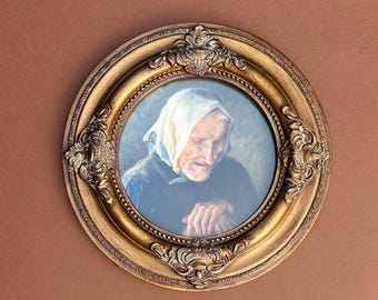 ROUND FRAMED - BLIND Woman, Vintage Oil Painting Style, Canvas Print,  Ornate Gold Frame with glass