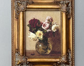 DECORATIVE Framed Vase of Roses - Vintage Painting Style, Oil on Canvas Print