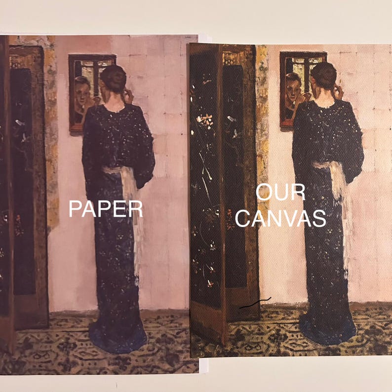 May include: Two prints side-by-side, one labeled "PAPER" and the other "OUR CANVAS." Both feature a woman in a dark dress, standing before a painting. The background is a light pink wall with a decorative rug.