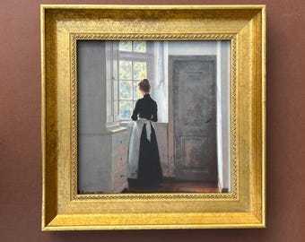 GOLD WOOD FRAME- Lady Waiting, Oil on Canvas, Fine Print, Antique Style, Vintage Wall Decor