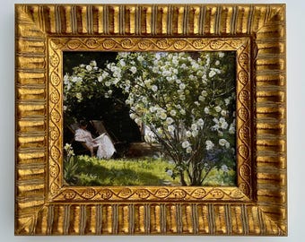 Framed Antique Style Oil Print: Woman Reading, Gold Wood Frame