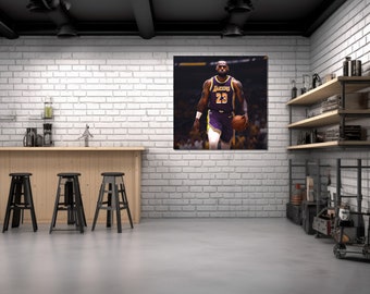 Lebron James Superhero - Los Angeles Lakers Sports Iconic Photo Print en lienzo y metal, arte, decoración de la pared, cueva del hombre, bar, baloncesto