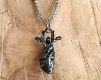 Heart initial necklace all stainless steel, anatomical heart necklace, black heart necklace, puffy heart, dainty necklace heart, large heart