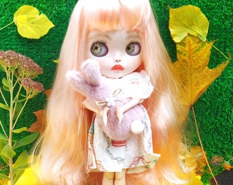 Custom Blythe Doll / Doll OOAK - girl with bunny / Doll in dress / Art Doll with HANDMADE ELEMENTS / Customized blythe / Blythe custom