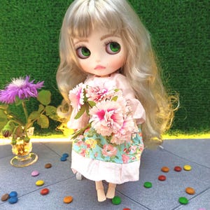 Blythe Art Doll / Doll OOAK - Cute blonde girl with a bouquet of flowers / Doll in dress / Custom with HANDMADE ELEMENTS / Customized blythe
