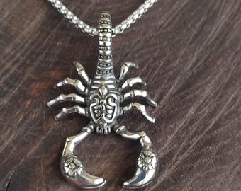 Puede incluir: Un collar con un colgante de escorpión de plata con un diseño detallado. El colgante está unido a una cadena de plata.