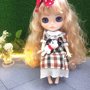 Blythe Art Doll / Doll OOAK - Cute blonde girl with a teddy bear / Doll in dress / Custom with HANDMADE ELEMENTS / Customized blythe