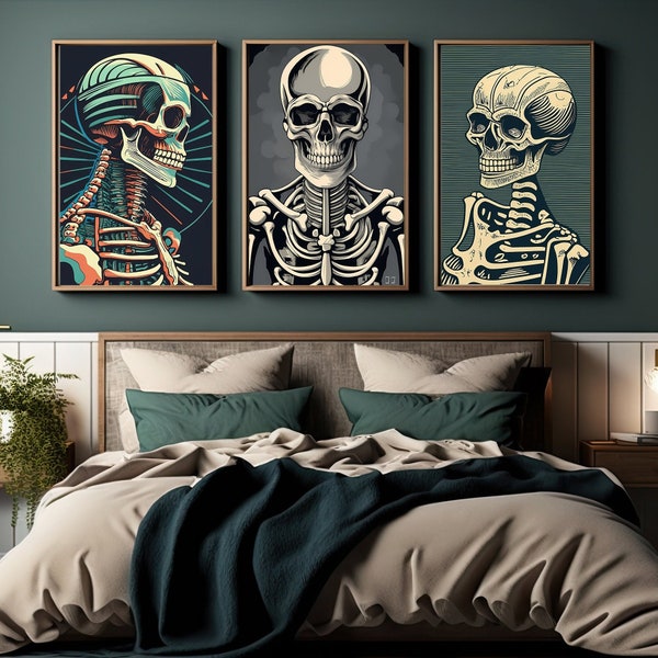 Set of 3 Halloween Skeletons Wall Art Prints | illustration Art | Smiley Skeleton Poster | Ukiyo-e inspired | Gift Idea | Gothic Skeleton