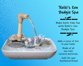 Reiki's Zen Budgie Spa - Oasis Model - Bird Bath - Porcelain Bowl, Real Bamboo, Natural Stones - Parakeet, Conure, Cockatiel, Non-Toxic