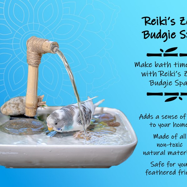 Reiki's Zen Budgie Spa - Oasis Model - Bird Bath - Porcelain Bowl, Real Bamboo, Natural Stones - Parakeet, Conure, Cockatiel, Non-Toxic