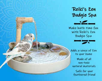 Reiki's Zen Budgie Spa - Zen Master Model - Bird Bath - Porcelain Bowl, Real Bamboo, Natural Stones- Parakeet, Conure, Cockatiel, Non-Toxic