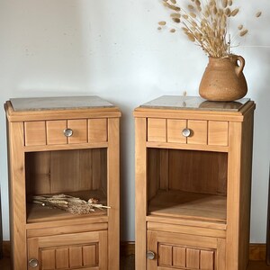 Pair of old bedside tables renovated in raw solid wood and beige marble image 1