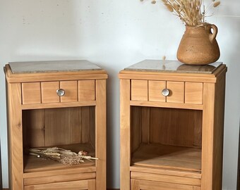 Pair of old bedside tables renovated in raw solid wood and beige marble