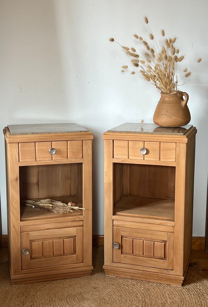 Pair of old bedside tables renovated in raw solid wood and beige marble image 1