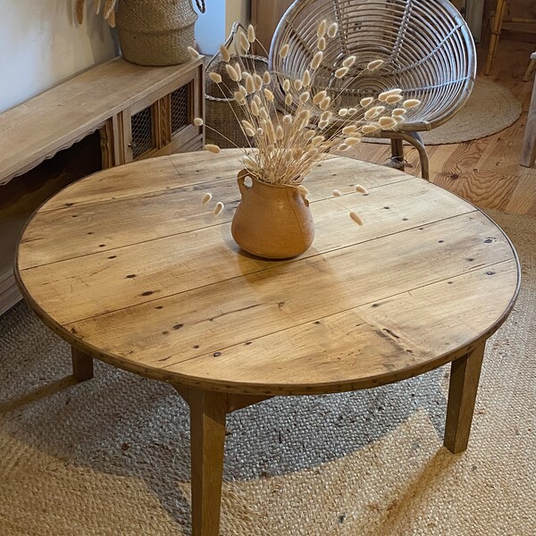 Grande table basse ancienne ronde en bois massif brut
