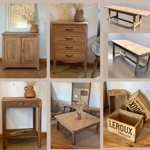 Pair of old bedside tables renovated in raw solid wood and beige marble image 5