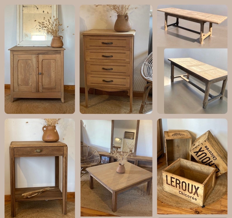 Pair of old bedside tables renovated in raw solid wood and beige marble image 5