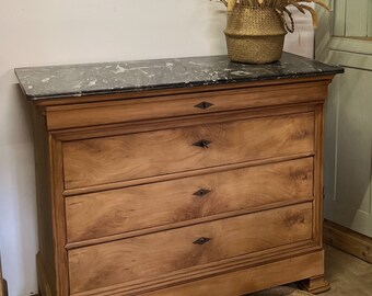 Grande Commode ancienne en bois massif brut et plateau marbre