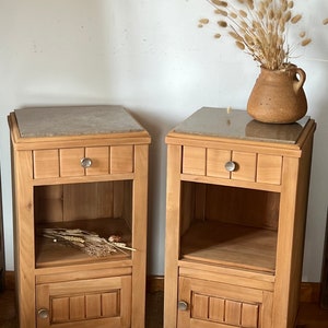 Pair of old bedside tables renovated in raw solid wood and beige marble image 2