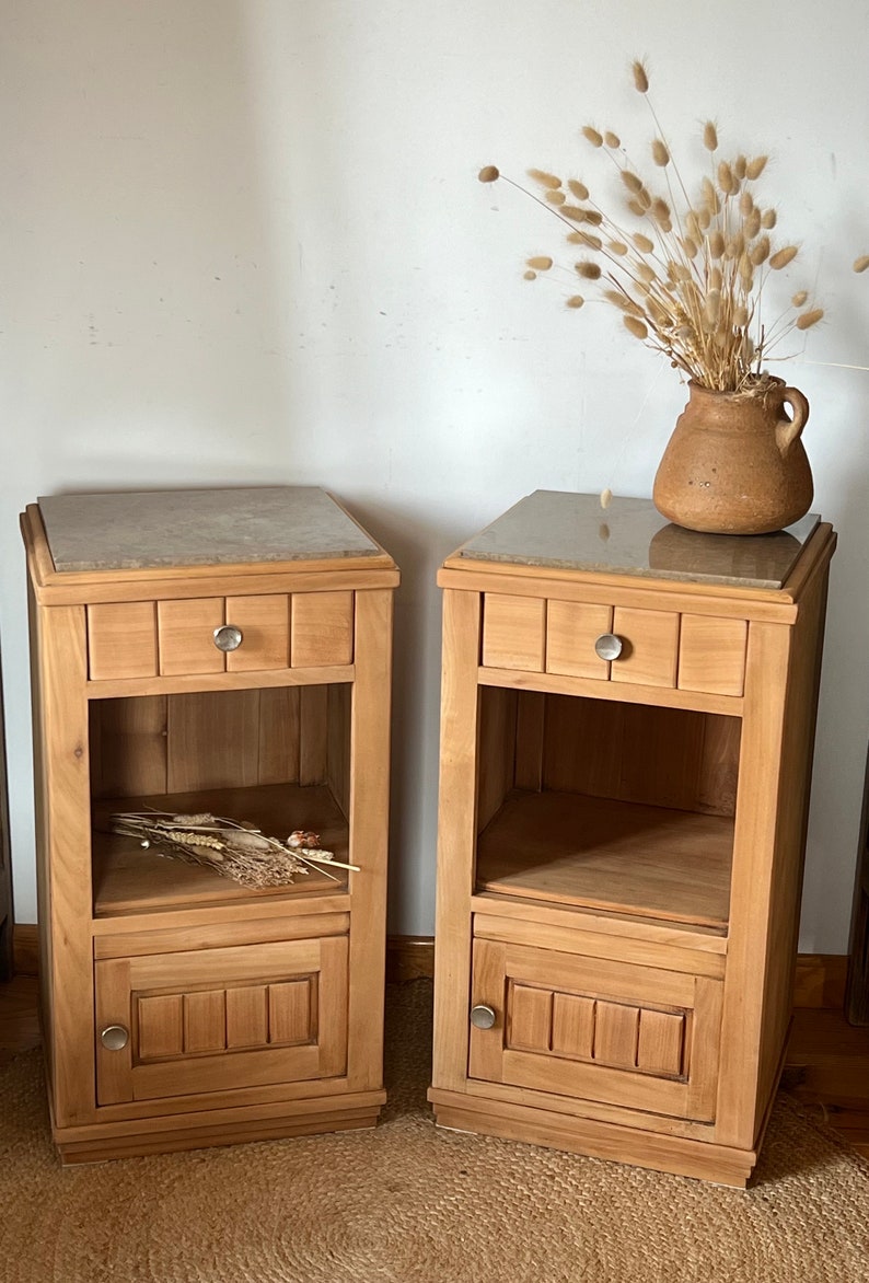 Pair of old bedside tables renovated in raw solid wood and beige marble image 2