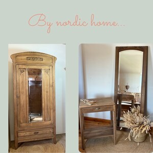 Pair of old bedside tables renovated in raw solid wood and beige marble image 9