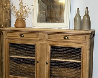 Vendu - Buffet ancien en bois massif brut 2 tiroirs portes grillagées