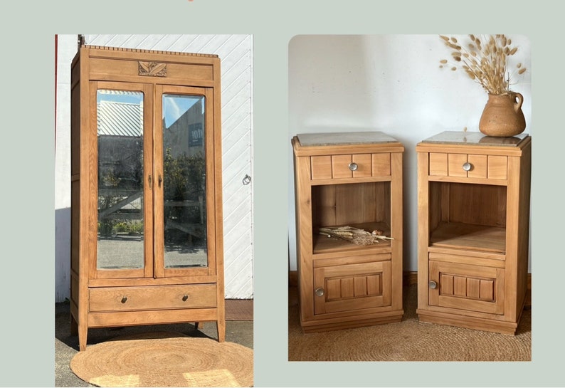 Pair of old bedside tables renovated in raw solid wood and beige marble image 7