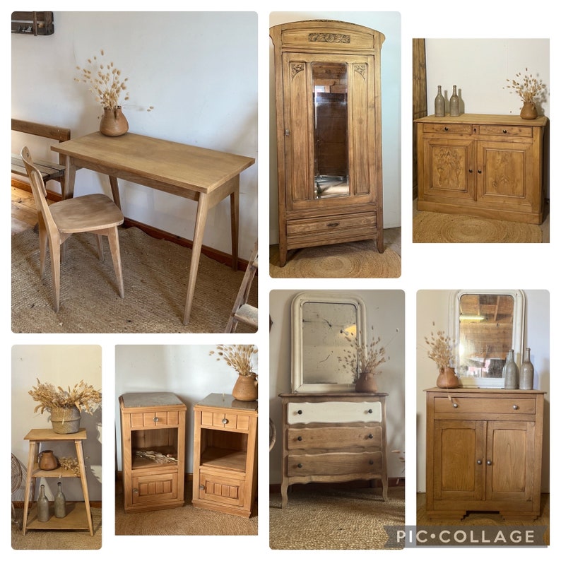 Pair of old bedside tables renovated in raw solid wood and beige marble image 4