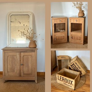 Pair of old bedside tables renovated in raw solid wood and beige marble image 8