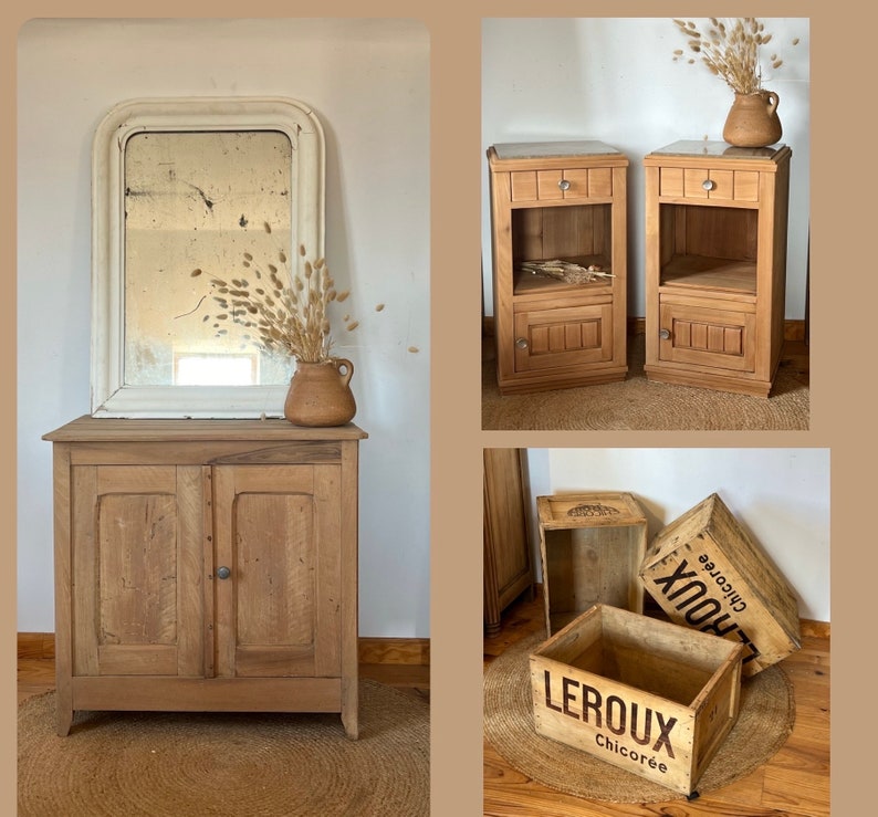 Pair of old bedside tables renovated in raw solid wood and beige marble image 8