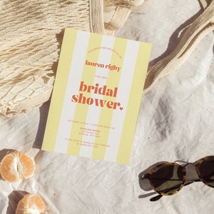 Modèle d'Invitation pour la douche nuptiale à rayures jaunes, Invitation minimaliste colorée, téléchargement numérique, modèle modifiable, poules ambiance des fêtes