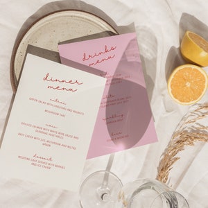 Bunte minimalistische Hochzeitsmenüvorlage, modernes Menü in Pink und Orange, digitaler Download, bearbeitbare Vorlage, druckbare Tischmenüs