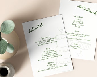Green Hand-Drawn Wedding Menu Template: Minimalist Sage Design (Instant Download)