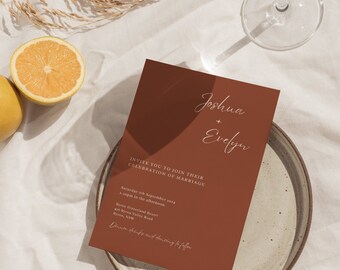 Plantilla de invitación de boda minimalista de terracota, invitación imprimible moderna de óxido, plantilla editable, descarga digital