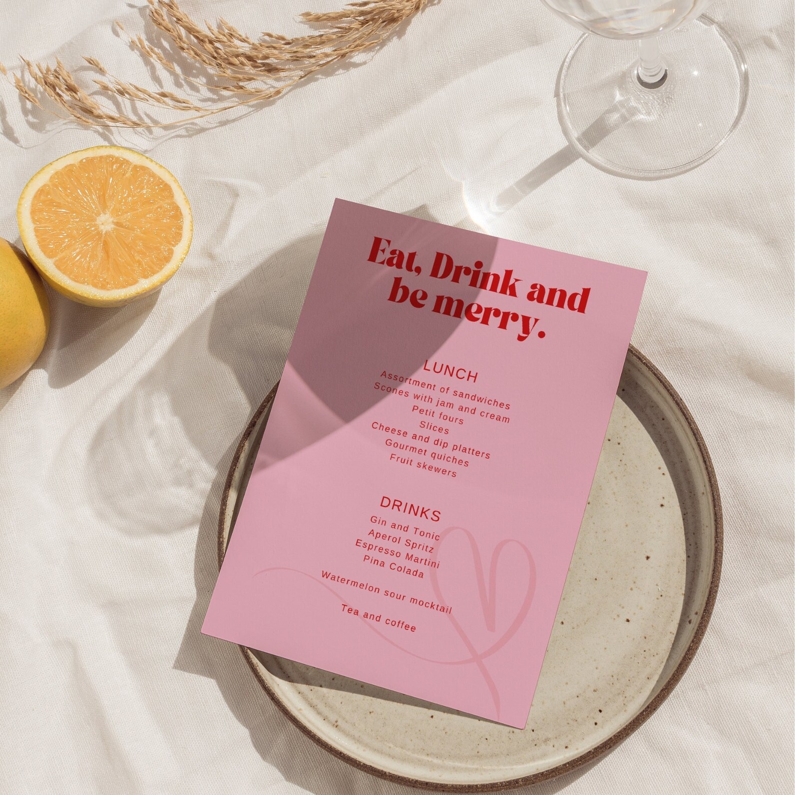Pink & Red Bridal Shower Menu Template Modern Printable (digital