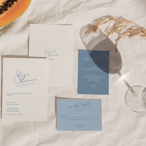 Modelo de suíte de casamento elegante azul empoeirado, conjunto de casamento minimalista azul, papelaria de casamento azul claro, download digital, modelo editável
