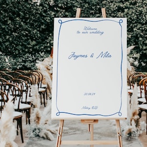 Navy Blue Minimalist Wedding Welcome Sign, Blue Hand Drawn Wavy Border Welcome Sign, Digital Download, Editable Template, Welcome Poster
