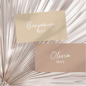 Plantilla de tarjeta de lugar de nombre de boda minimalista terroso, tarjeta de lugar imprimible moderna beige, descarga digital, plantilla editable, papelería para eventos