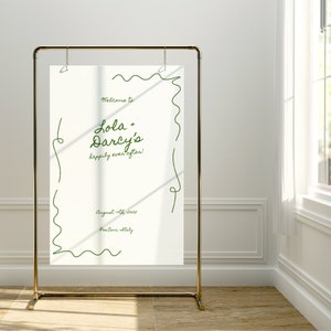 Groene hand getekende bruiloft welkom teken sjabloon, minimalistische salie hand getekende welkomstposter, bewerkbare moderne welkomst teken, direct downloaden