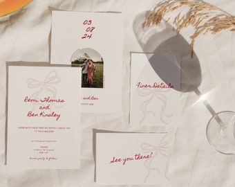 Hand Drawn Bow Wedding Invitation Suite: Red Modern Template (Digital Download)