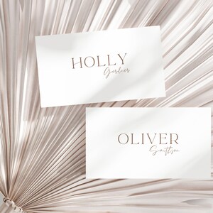 Plantilla de tarjeta de lugar de nombre marrón y blanco, tarjeta de lugar de boda minimalista, descarga digital, plantilla editable, papelería para bodas y eventos