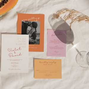 Colourful Wedding Suite Template, Pink and Orange Modern Minimalist Wedding Invitation, Download Editable Template, Printable Stationery