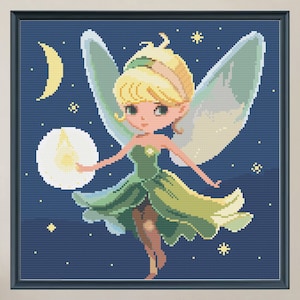 Cross stitch Fairy firefly embroidery pattern PDF download, modern cross stitch birthday gift, full coverage needlework graph, 10-25CT