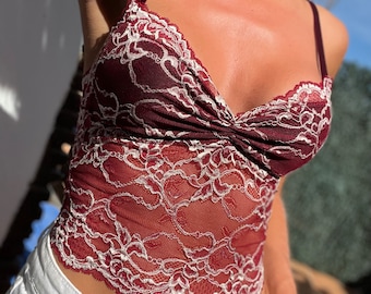 Stunning Red Amalfi Lace Top - Handmade to order, longline lined bralette, red cami tank top halterneck y2k RobinLace romance gift for her