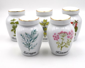 Victoria Pearson's Gewürzdosen |Vintage Porcelain Spice Jars | Set of five JARS + LIDS | Kümmel Pfeffer Basilikum Estragon Zitronenmelisse