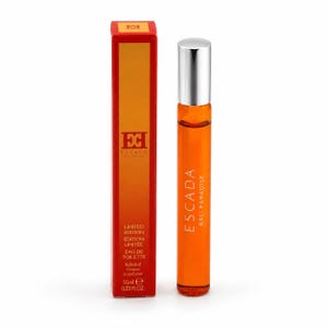 Könnte beinhalten: Ein orangefarbenes ESCADA Bali Paradise Rollerball-Parfüm mit silberner Kappe und passender Schachtel. Die Schachtel trägt das ESCADA-Logo und den Text "LIMITED EDITION" und "EAU DE TOILETTE". Die Flasche enthält 10 ml Parfüm.