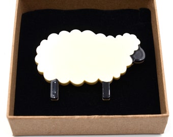 Broche en agneau de mouton blanc et noir, broche en plastique, épingle vintage, broche en acétate de style milieu du siècle, épingle en acrylique