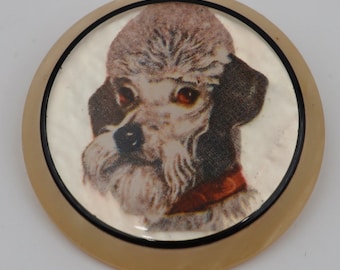 Poodle Dog Portrait Vintage Serigraphy 1970's Plastic Pin Brooch