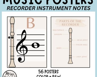 Può includere: Un set di 56 poster musicali stampabili per le note degli strumenti a flauto dolce. I poster presentano un flauto dolce con le parti etichettate e una chiave di violino con la nota B su uno pentagramma.